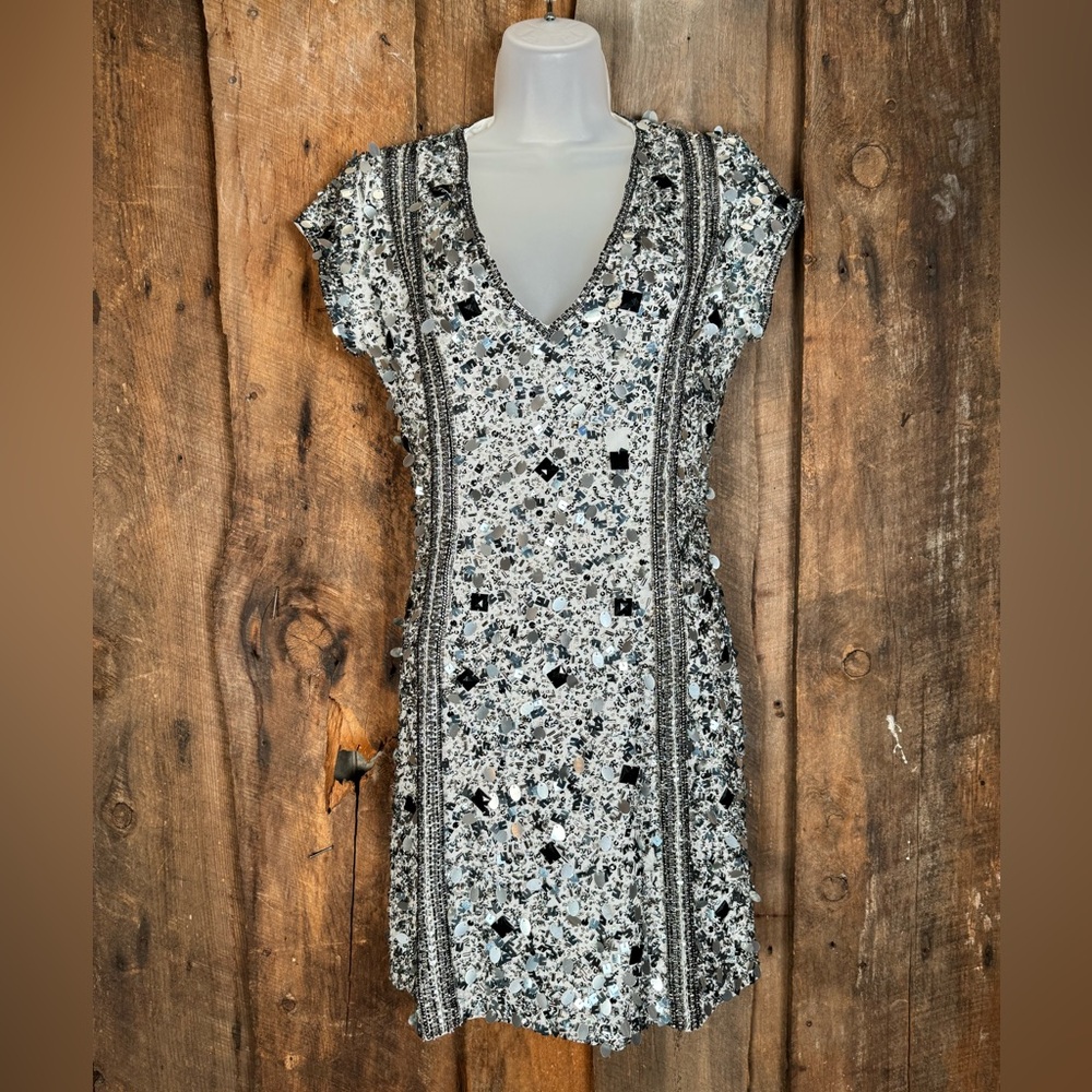 Parker Black Silver Crystal Embellished Cap Sleeve Mini Dress - Size 0